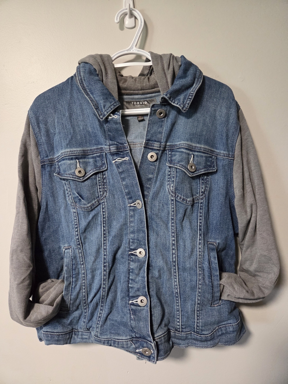 torrid Blue Denim Jacket with Gray Hood & Sleeves